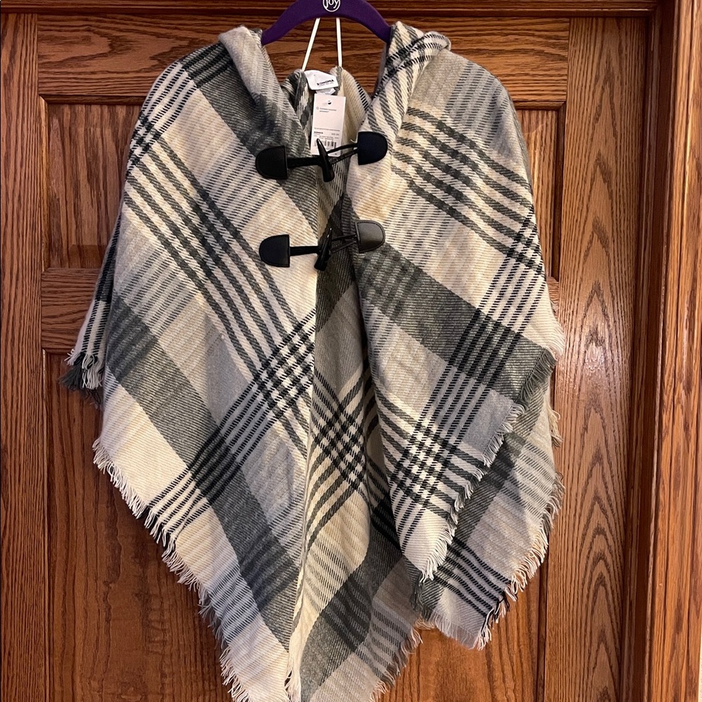 Plaid Hooded Poncho with Toggle Closures